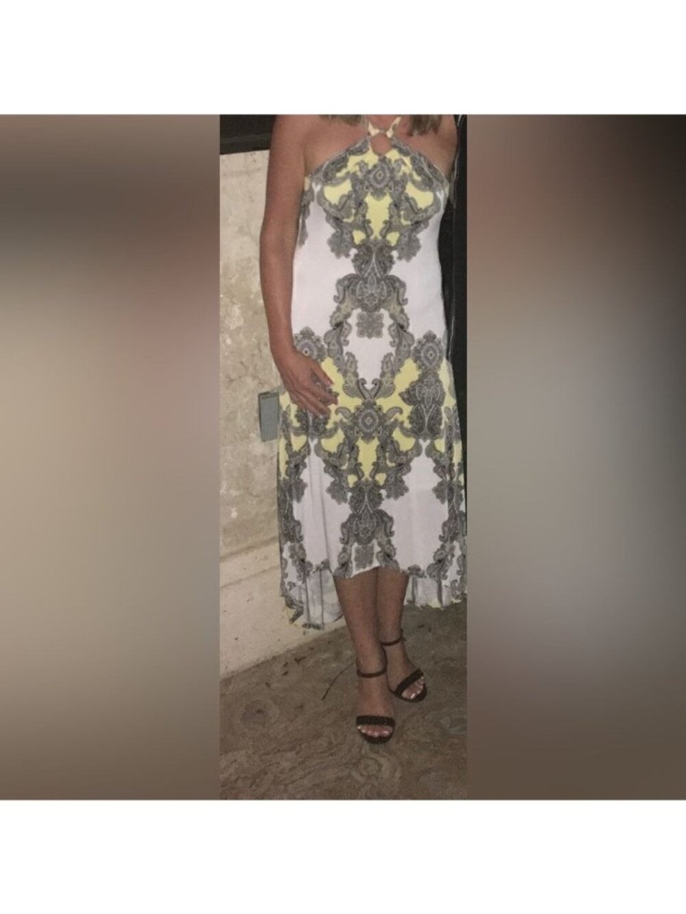 INC White, Black and Yellow High Low Rhinestone Sleeveless Dress Size M